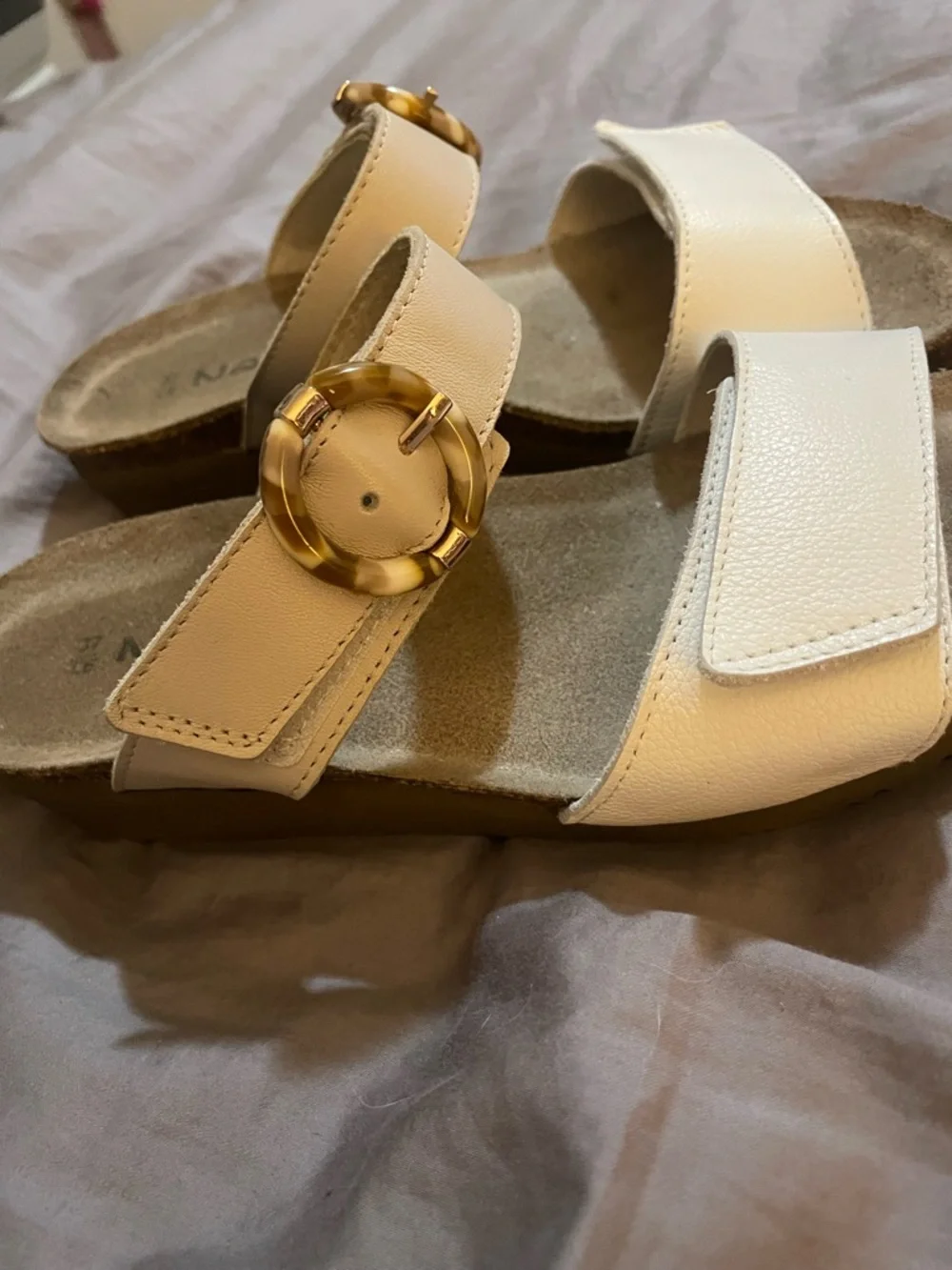 Naot White Slide Sandals with Gold-Tone Decorative Ring